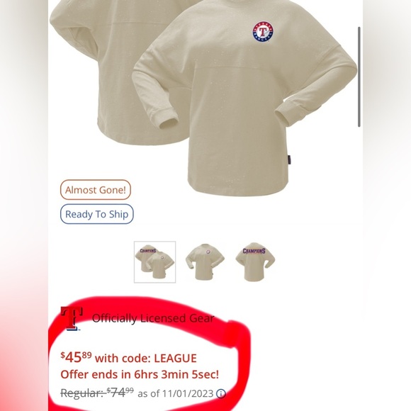 Texas Rangers 2023 World Series Champions Sparkle Long Sleeve T-Shirt |Cream|NEW - Picture 4 of 8